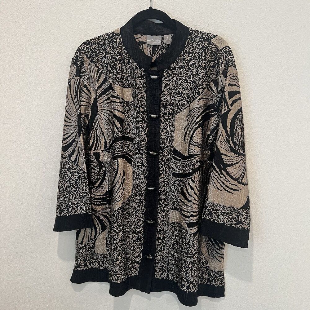 Chicos Travelers Womens Vtg Abstract Art Crinkle Asain Mandarin Collar Top XL